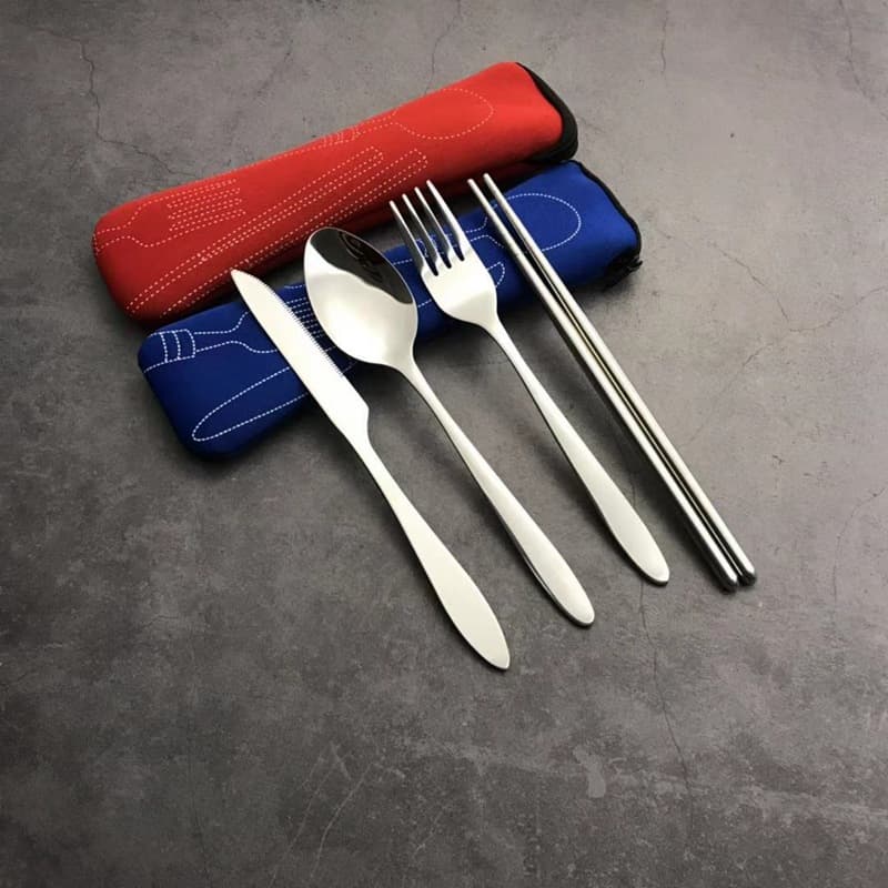 Portable Cutlery Cloth Bag Three-Piece Set Knife Spoon Fork Chopsticks Set 304 Stainless Steel Straw Cross-Border Cutlery Set