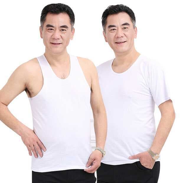 Middle-aged and elderly men's pure cotton vest T-shirt, round neck, summer style, breathable and sweat-absorbent, pure white combed T-shirt