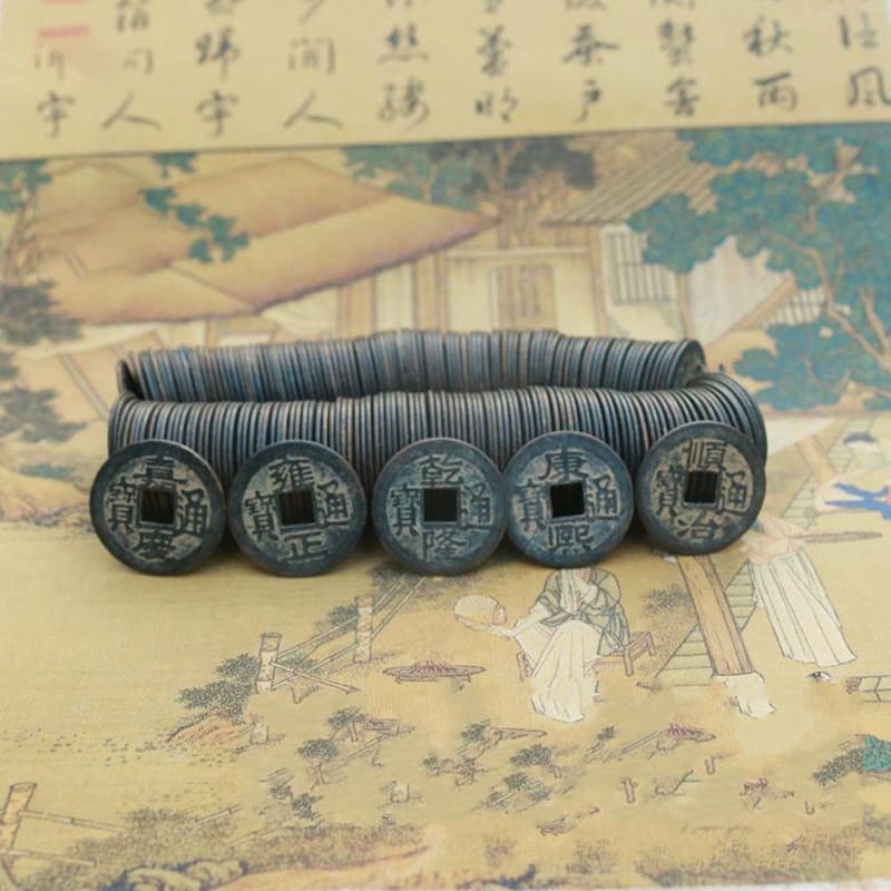 Antique-style copper coins, aged with a finish, featuring the five emperors Shunzhi, Qianlong, Yongzheng, Jiaqing, and Kangxi reigns, wholesale from the Qing Dynasty.