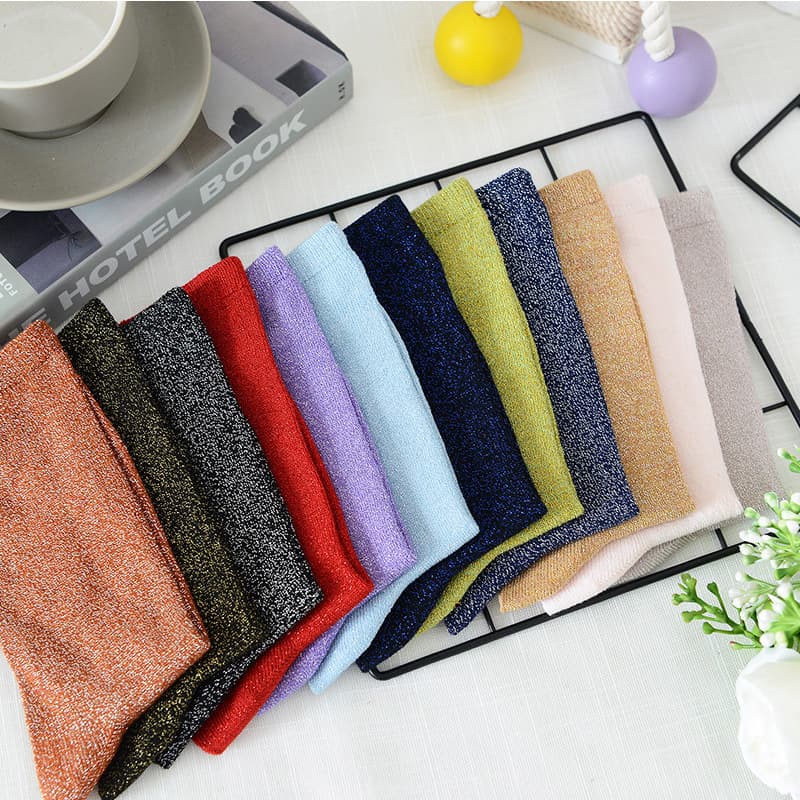 Korean Women's Socks Spring/Summer Japanese Metallic Thread Socks Women Solid Color Thin Style Breathable Mid-Crew Women's Socks Wholesale