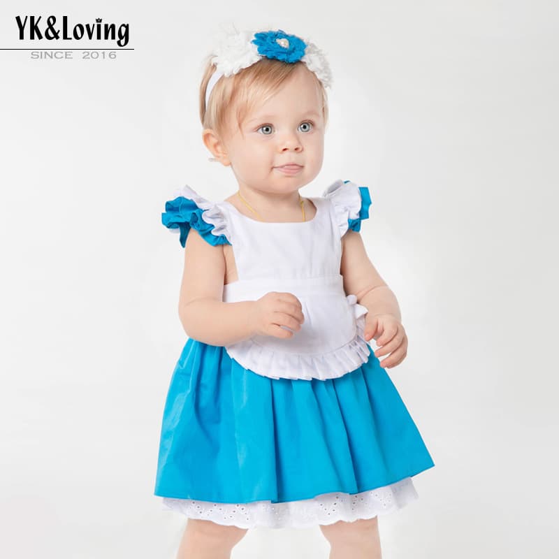 Girls' Summer Dress New Style White Blue Cinderella Maid Fashion Flutter Sleeve Princess Dress 1-6 Years Old Girls Skirt
