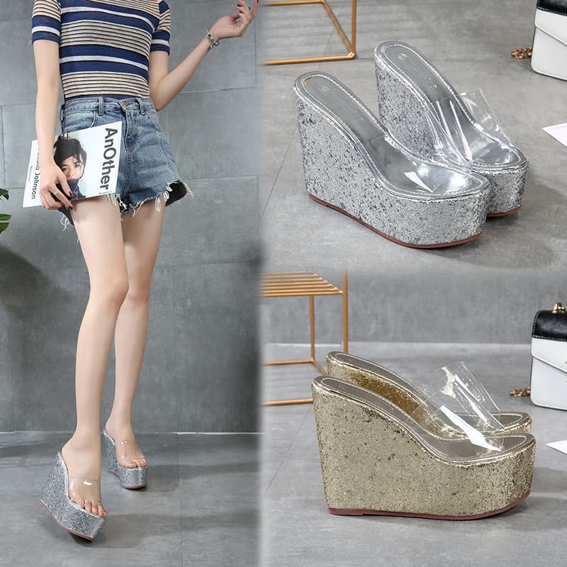2020 New Fashion Simple Casual Sequined High Heel Wedge Thick Bottom Waterproof Platform Platform Women's Sandals Women's Single Shoes