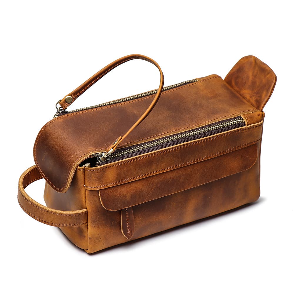Imported retro-style multi-functional genuine leather handbag for men, large-capacity crazy horse leather toiletry storage bag.