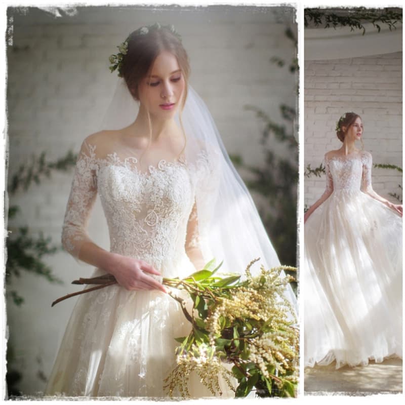 2026 New Wedding Dress for Women, One-Shoulder Long Sleeve Princess Lace Train Slim Fit Floor-Length
