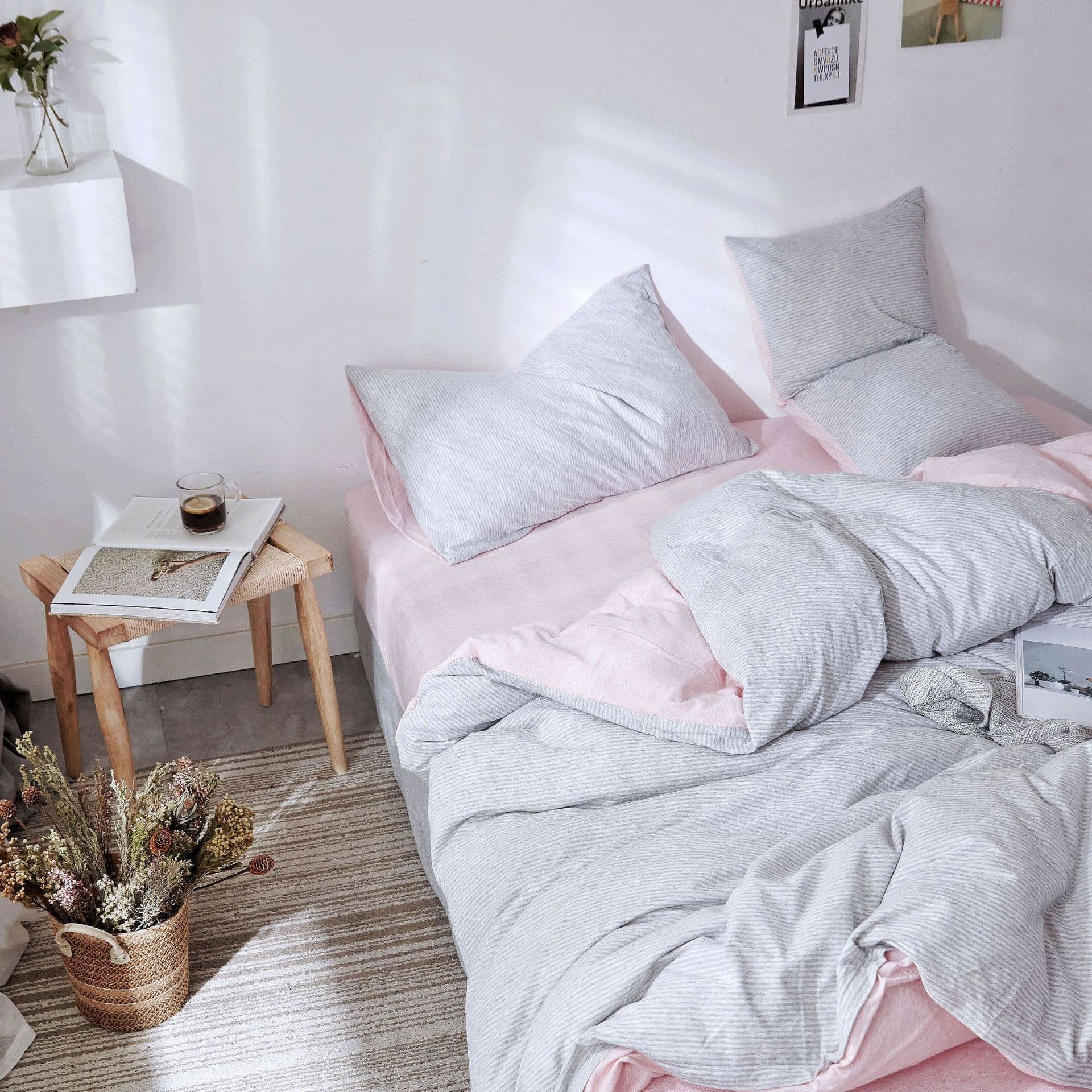 Quality Jersey Cotton Four-Piece Set Japanese Muji Knitted Cotton Stripe Fitted Sheet 1.5 1.8m Bedding Wholesale Drop Shipping