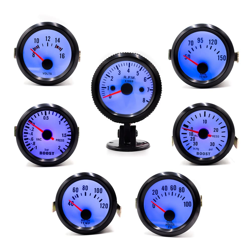Car Modified Dashboard Blue Light Turbo Boost Gauge Water Temperature Gauge Oil Temperature Oil Pressure Voltage Tachometer with Sensor