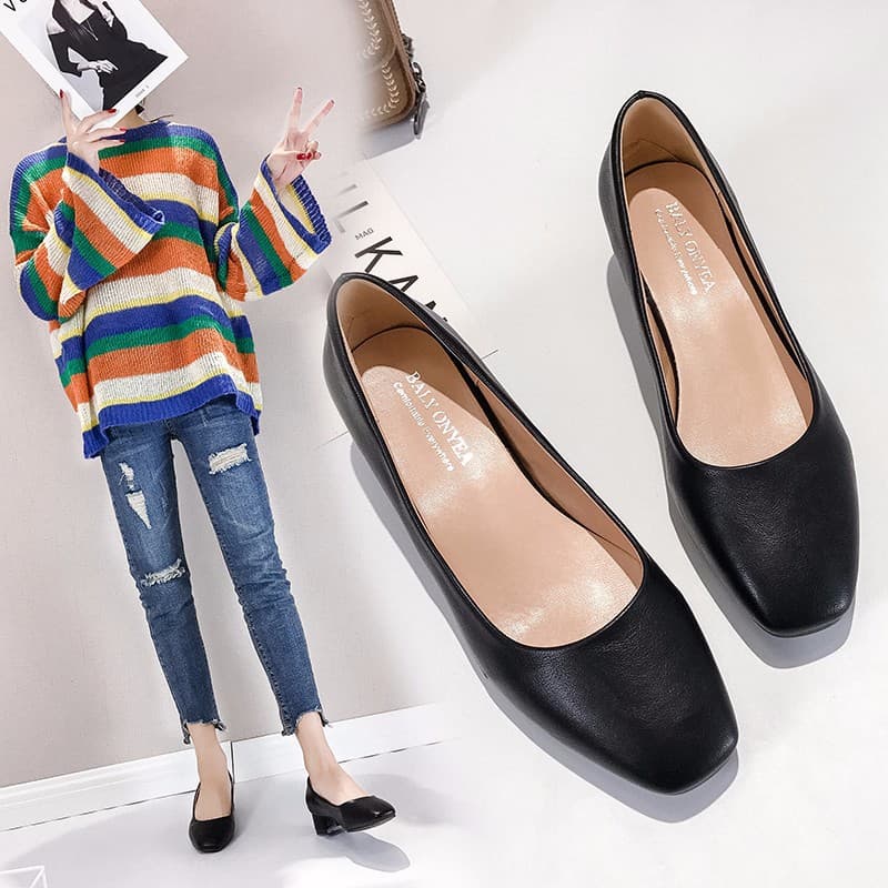 2023 Spring/Autumn Korean Square Toe Flat Shoes for Women, Low Heel, Shallow Mouth, Chunky Heel, Factory Wholesale