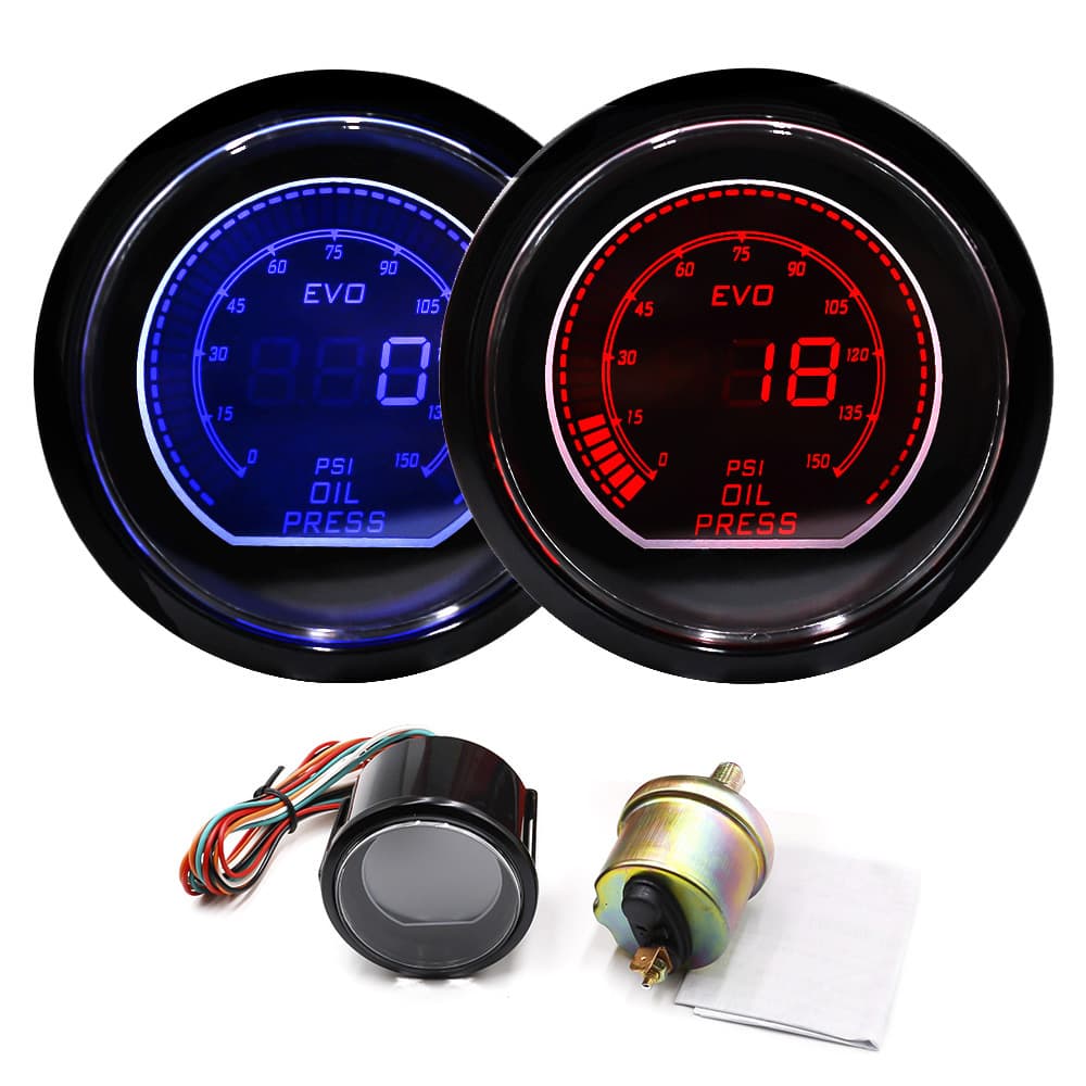 eBay Automotive Modification 52mm 12V Universal LED Blue/Red Light EVO LCD Display Oil Pressure Gauge