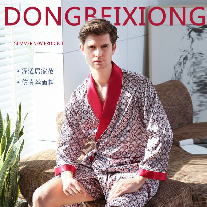 Men's Summer Silk Bathrobe Shorts Nightgown Men's Summer Suit Thin Ice Silk Pajamas Plus Size Bathrobe