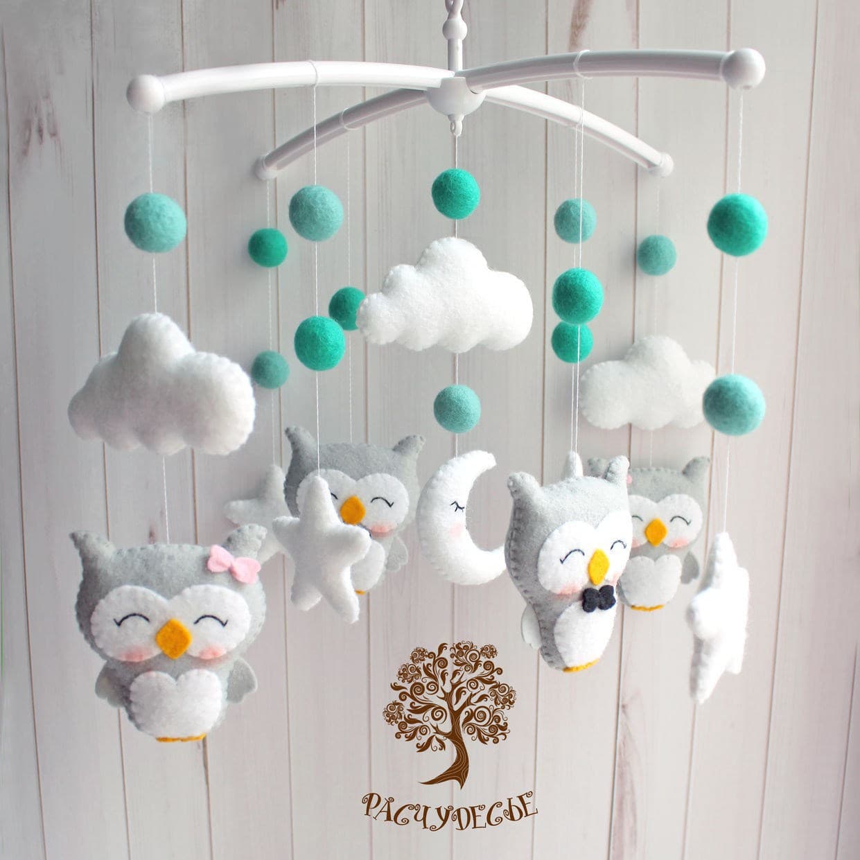 Newborn Baby Bed Bell Owl No-Cotton Soothing Baby Hanging Ornament Bedding Accessories Cartoon Style Gift for Infants