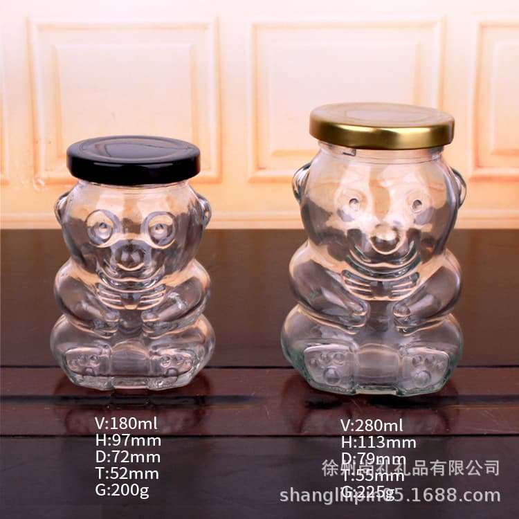 In stock: 120ml glass honey jar, 180ml bear-shaped bottle, 280ml bird's nest bottle with tin cap.