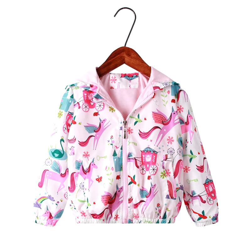 New Cartoon Flamingo Windbreaker 2025 Spring and Autumn Girls' Printed Hooded Jacket Zip-Up Top for Foreign Trade