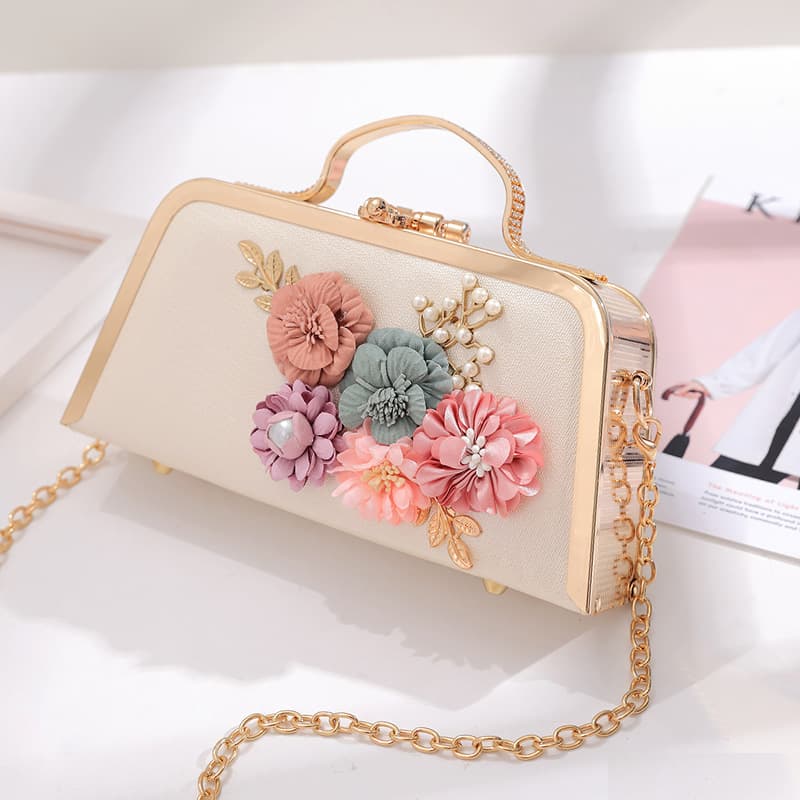 2025 new high-end small square handbag with floral design, versatile ladies' evening bag with chain for shoulder or cross-body wear.