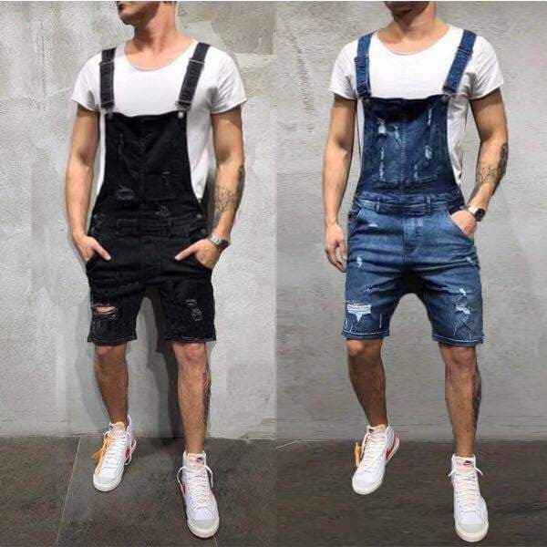 Wish Fashion Men's Suspender Denim Rompers Torn Jeans Shorts