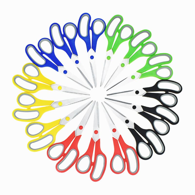 8-inch rubber and plastic scissors with stainless steel two-tone handle; suitable for students, stationery, children, and home/office use.