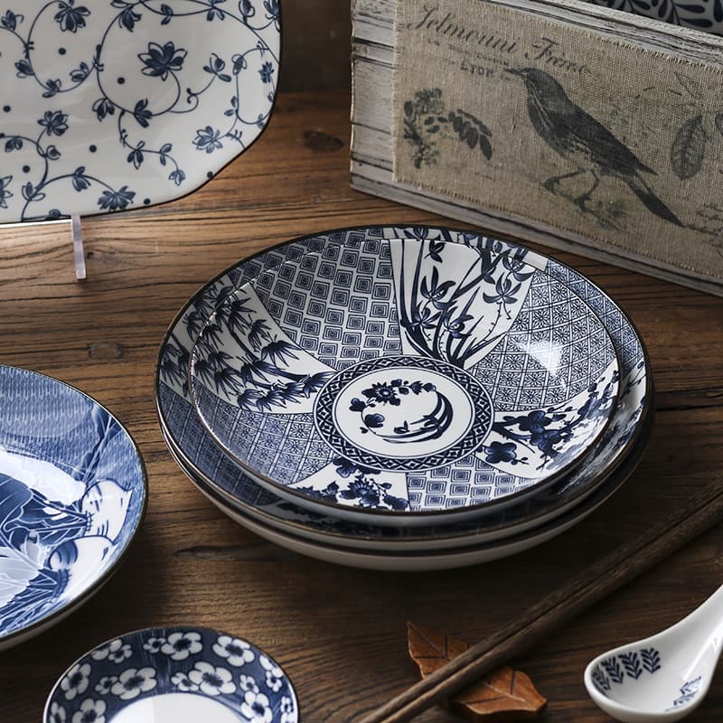 Japanese Vintage Ceramic Plate Set - Deep Plates, Creative Fish Plate, Blue and White Porcelain, Japanese Tableware Set