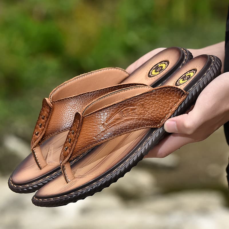 Men's Casual Summer Leather Sandals Breathable Slip-On Beach Shoes XCRWAY Leather Thong Slippers Comfortable Rubber Sole