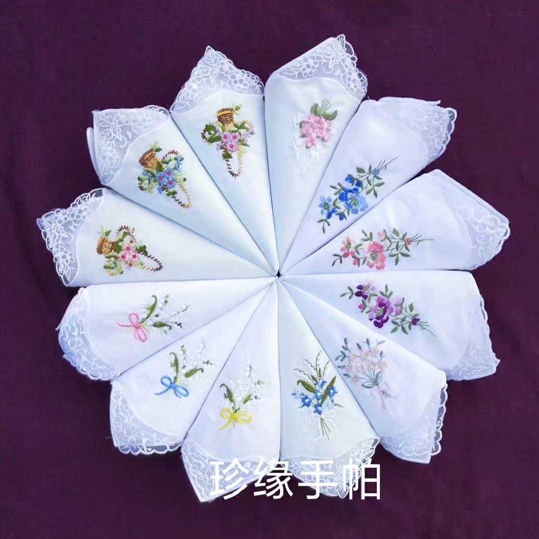 High-quality embroidered pure cotton handkerchiefs, 28*28cm, available in various styles. A popular choice for women.