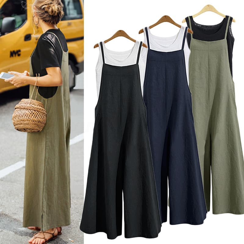 2019 Summer Amazon Hot Sale Loose Jumpsuit Wide Leg Ring Strap Dress Linen Long Casual Dress