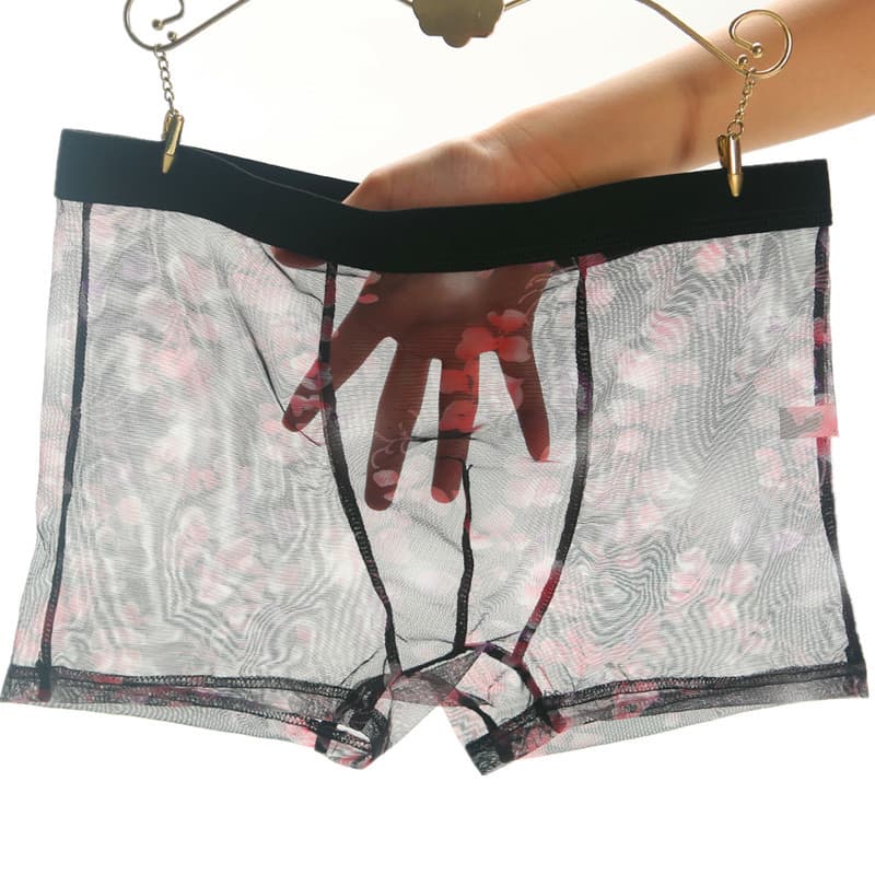 Drop Shipping Lace Mesh Transparent Plus Size Breathable Seamless Ice Silk Men's Underwear Summer Boxer Briefs 903