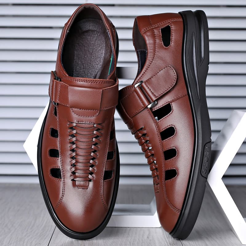 Summer New Men's Hollow Out Sandals Soft Leather Slip-on Thick Bottom Shoes Casual Walking Shoes For Men Fathers