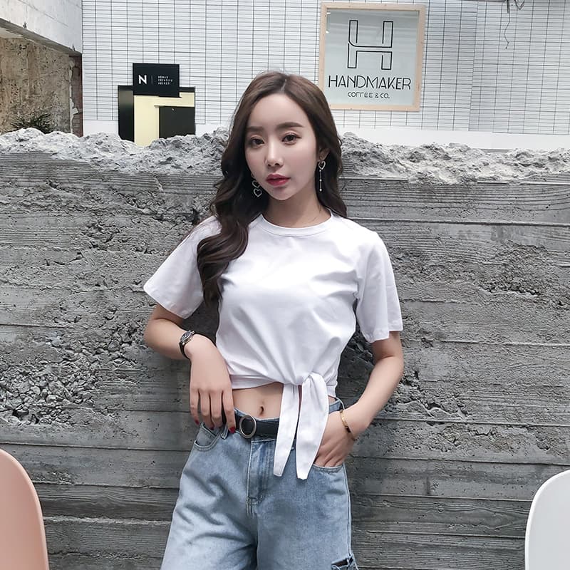 Round Neck Hem Tie Women's Top Korean Loose Cotton Short Sleeve 2021 Summer New Ladies T-Shirt 622