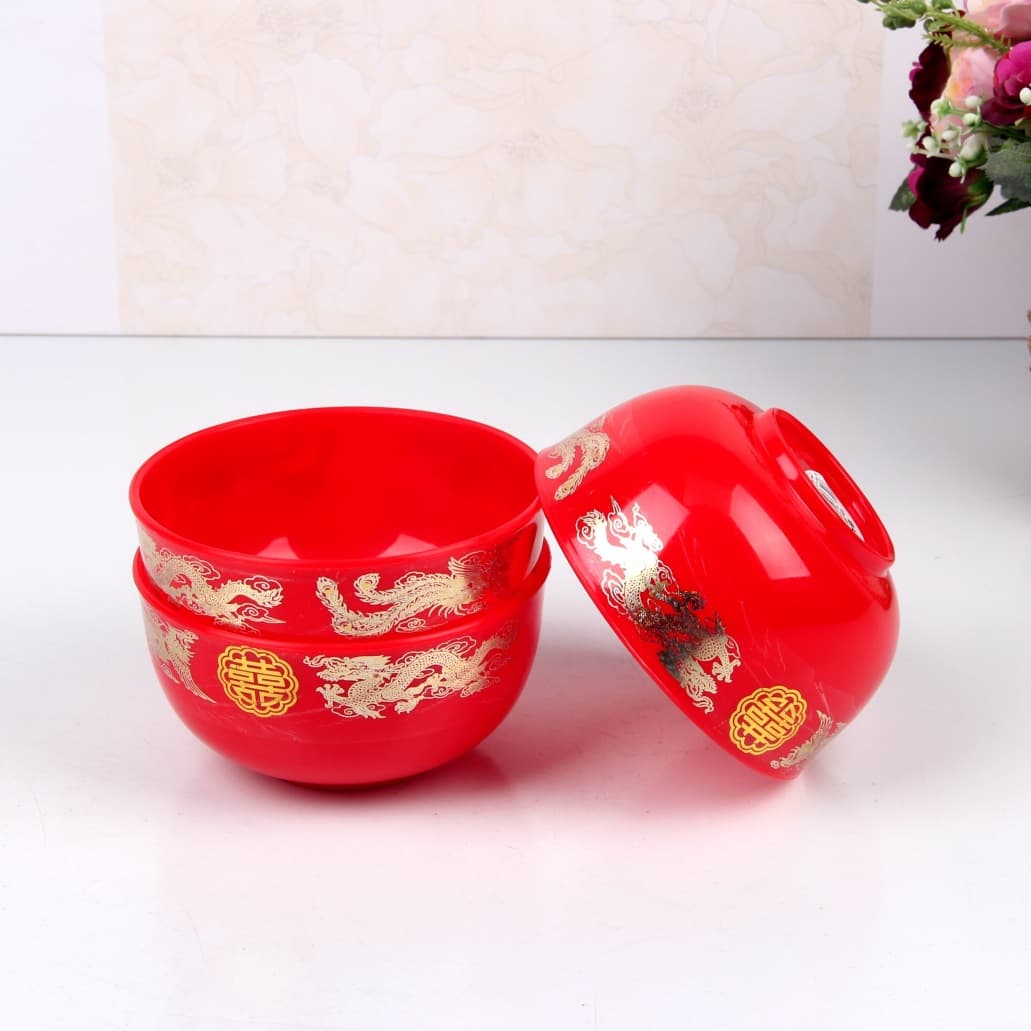 Wedding supplies red bowl wedding plastic pairing bowl bride and groom soup bowl wedding wedding bowl dragon and phoenix offspring wedding bowl
