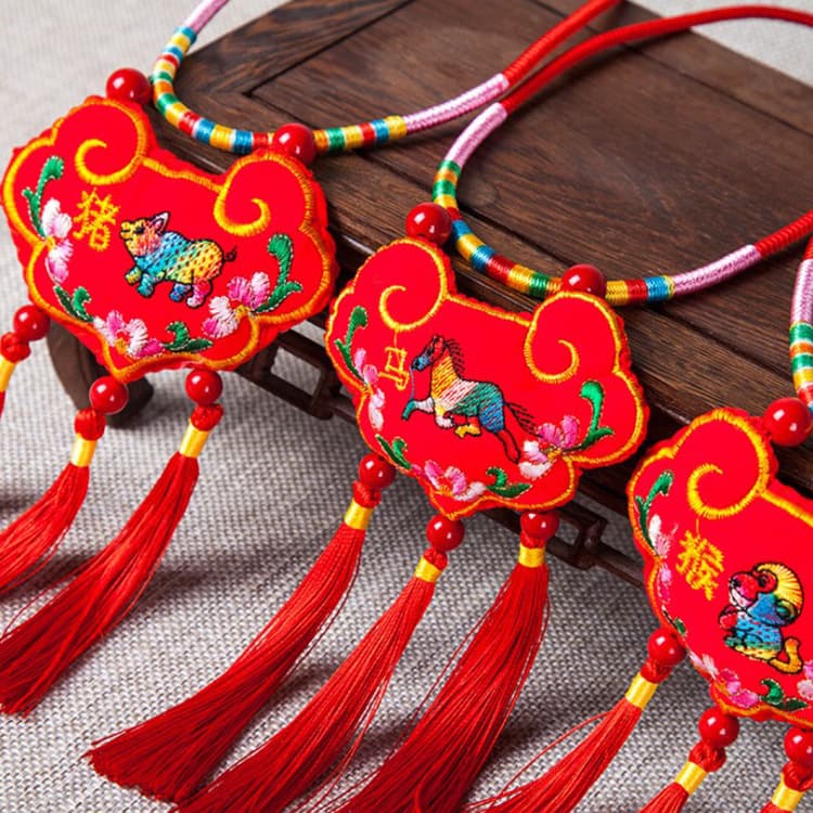 Dragon Boat Festival children's twelve zodiac animal neck embroidery sachet, longevity lock fragrance pouch, portable children's purse
