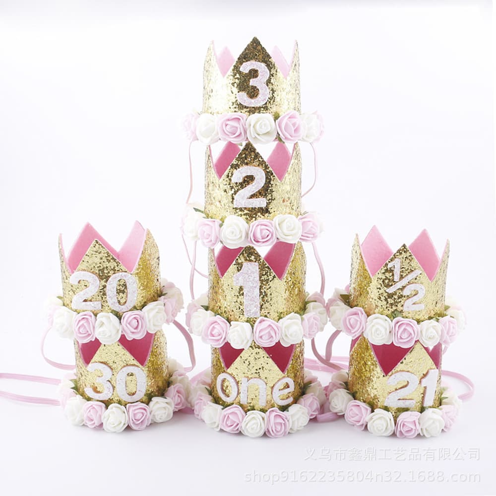 Wholesale Baby One Year Birthday Hat Creative Digital Party Supplies Decorative Shiny Flower Velcro Crown Hat