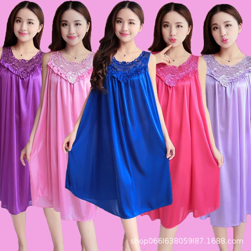 Summer Korean Ice Silk Pajamas Plus Size Women's Nightgown Sleeveless Artificial Silk Thin Loose Homewear