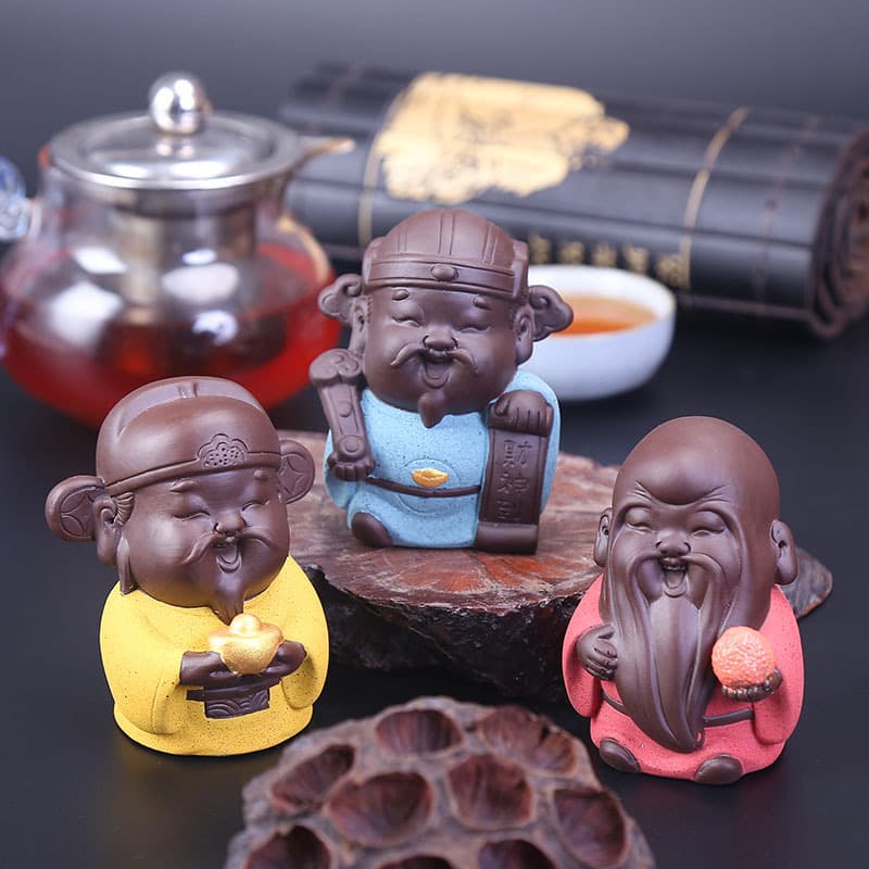 Wealth-attracting Ornament, Fu Lu Shou Figurines, Three Star Statues, Ceramic Little Monk Tea Pet, Purple Sand Crafts Small Items Wholesale