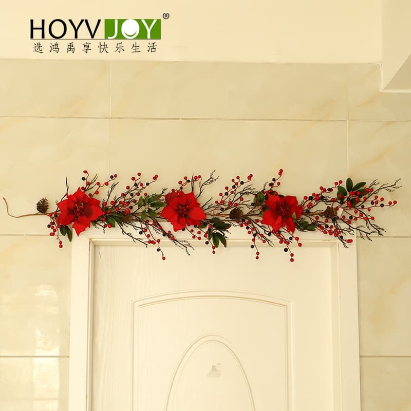 Amazon Cross-border Christmas Garland Vine, Artificial Flower Plant with Red Berries and Green Leaves, Home Holiday Fireplace Decoration