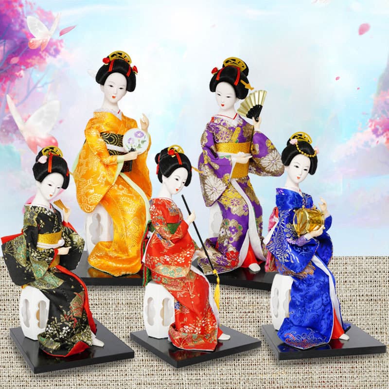 12-inch Decorative Japanese Figures: Kimono Doll, Black Samurai, and Geisha in Sitting, Standing, and Squatting Poses