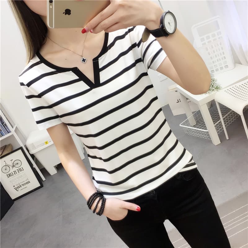 Plus Size Women's Casual Stretch Short Sleeve Top Summer 2025 V-Neck T-Shirt Striped Loose Fit Wholesale