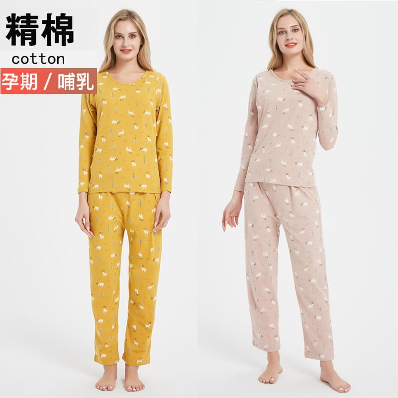 Combed Cotton Maternity Pajama Set for Spring, Autumn, Winter, Loungewear, Loose Fit, Postpartum Nursing Sleepwear