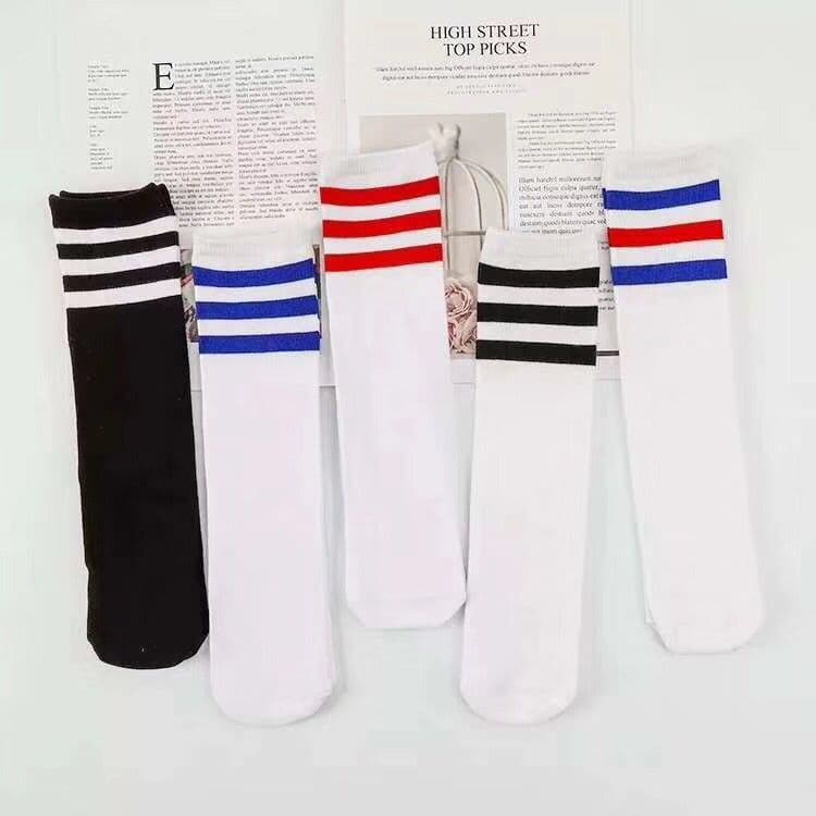Student Mid-Length Socks, Black and White Stripes, Not Over-the-Knee, Three-Stripe Football Socks, Cheerleading, School Uniform Shoes