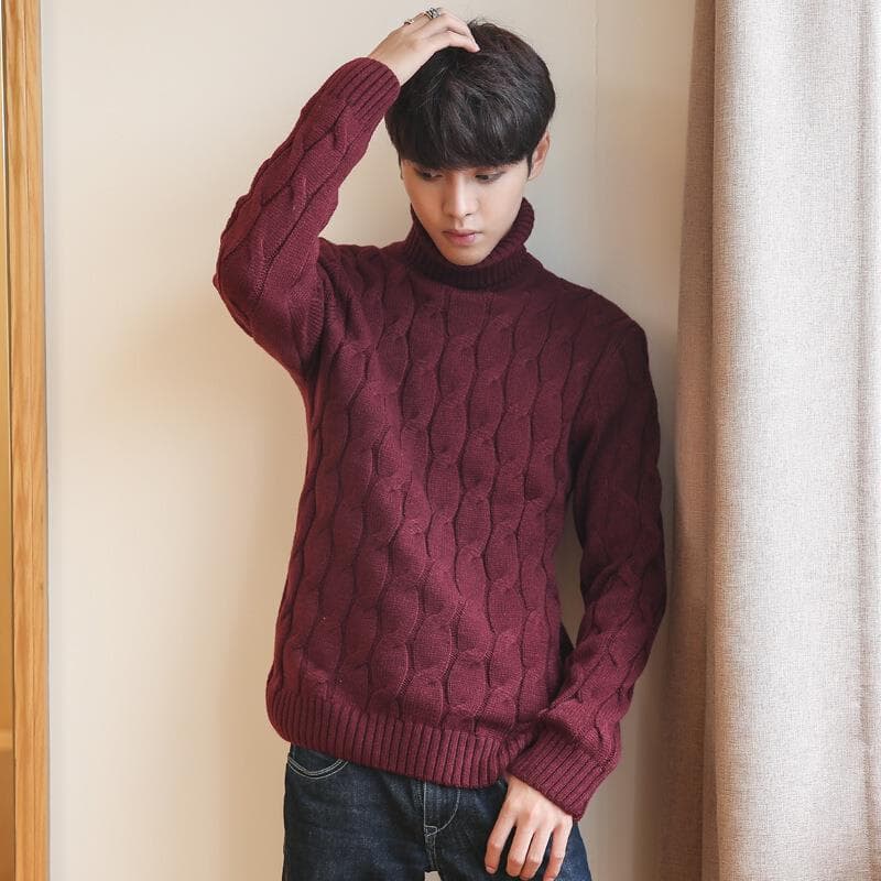 2025 Fall New Korean Style Thickened High Neck Cable Knit Men's Sweater Youth Student Warm Knit Top