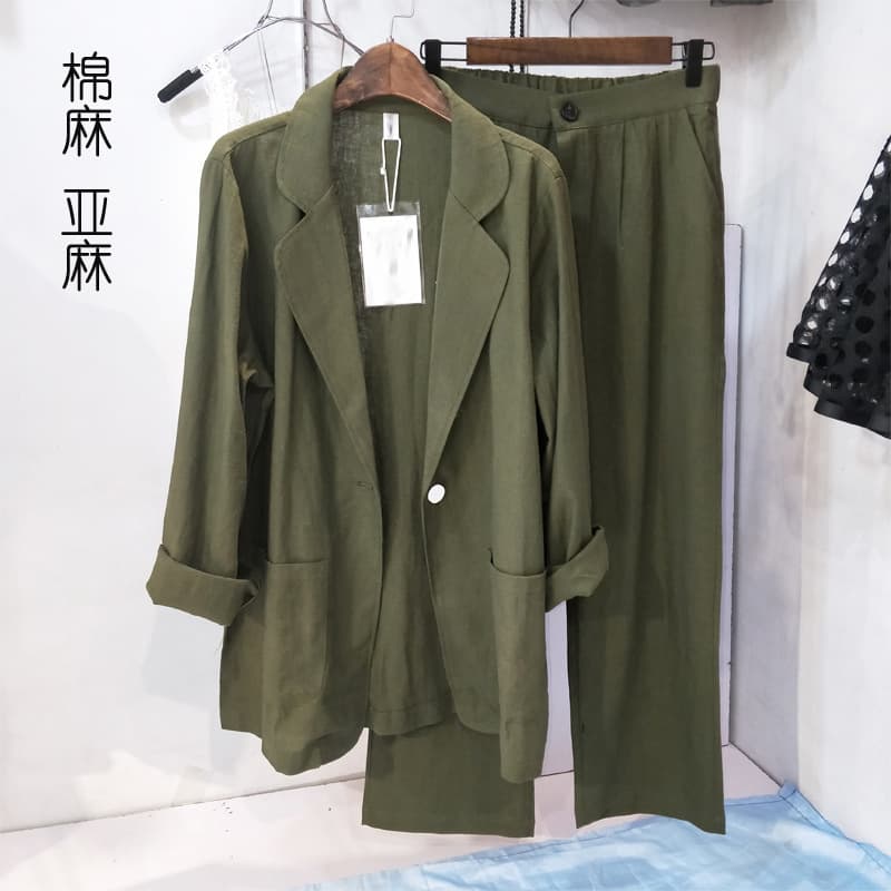 Summer Thin Large Size Cotton Linen Women's Plus Size Casual Nine-Point Pants Wide Leg Linen Suit Set Chic Blazer