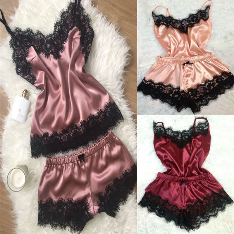 European and American Sexy Lingerie Amazon New Satin Lace Sleepwear Robe Home Set Two-Piece 1306
