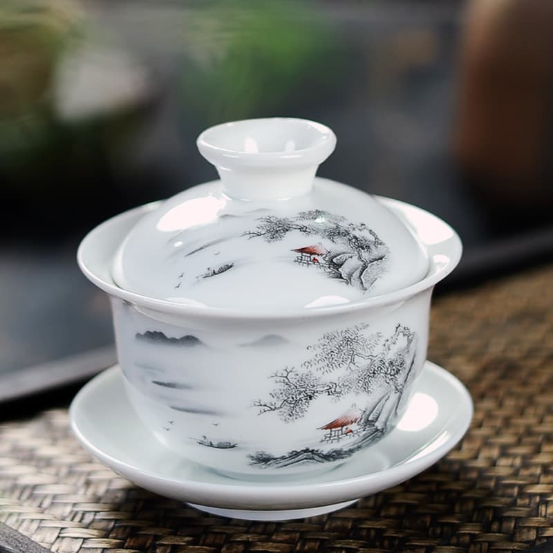 3.8-inch Ceramic Kung Fu Tea Set, Three-Piece Gaiwan, Large Blue and White Porcelain Gaiwan, High White Porcelain Hand-Painted Tea Bowl, Factory Wholesale