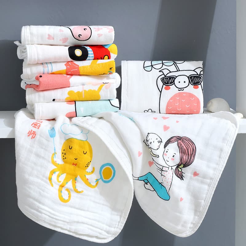 Cartoon Square Bib Towel High-Density 6-Layer Gauze Printed Towel Infant Hook Cotton Kids Square Towel