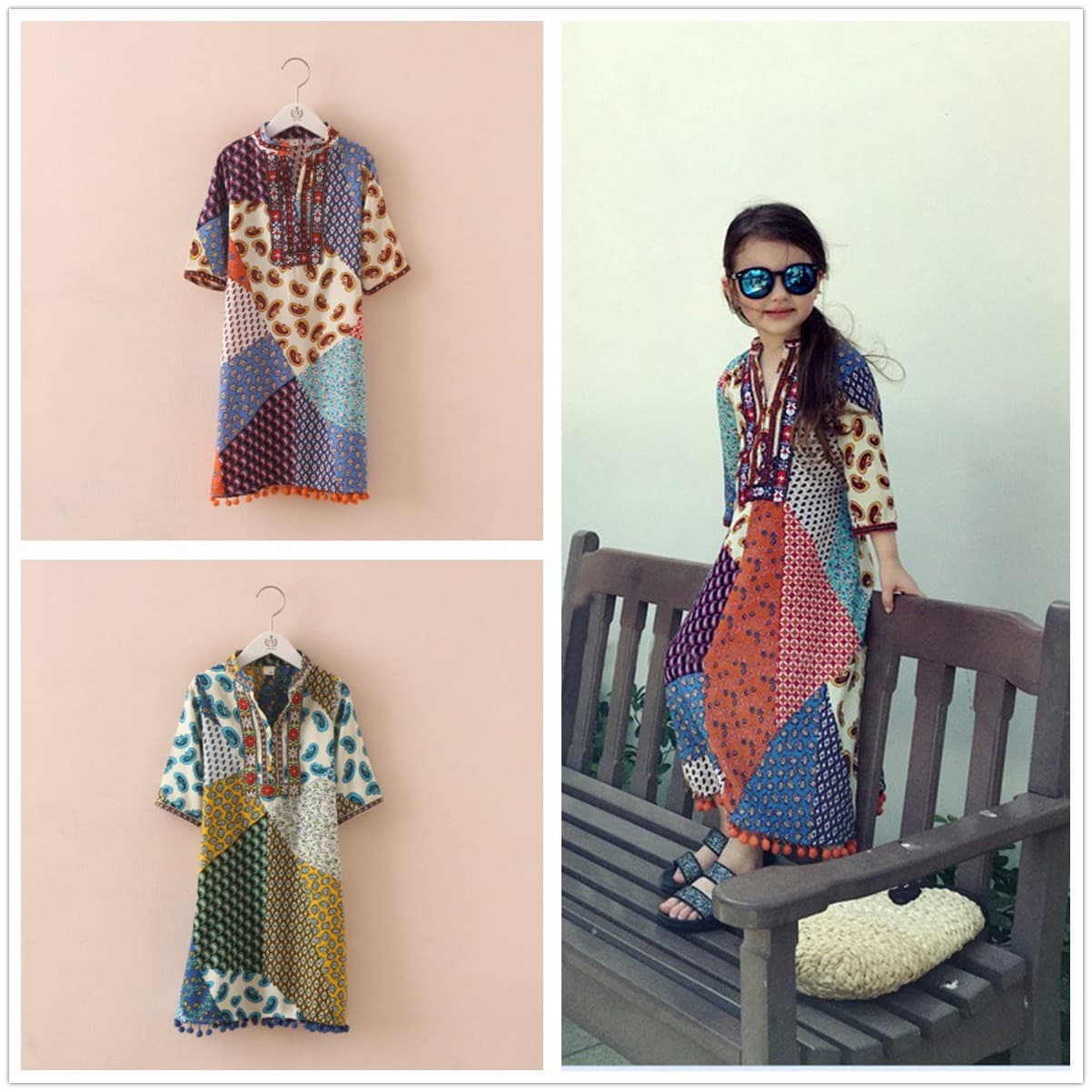 New Summer Mother-Daughter Dress Set, Ethnic Style Cotton Seven-Sleeve Long Dress, Baby Princess Dress, Drop Shipping