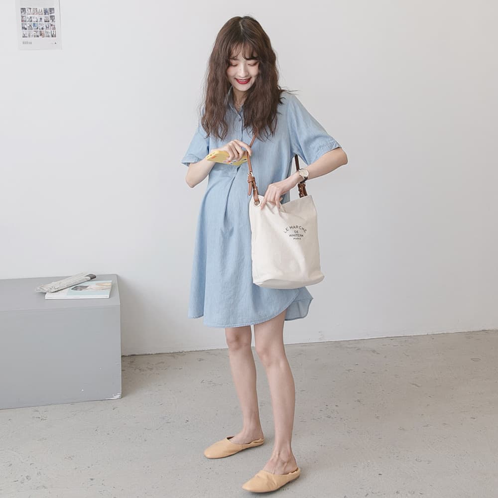 Summer New Maternity Clothes Korean Style Lapel Open Button Doll Shirt Pregnant Women Short Sleeve Dress Jacket