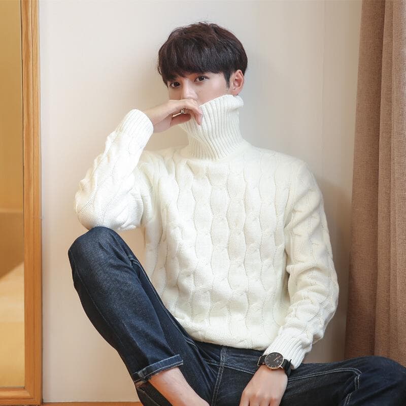 2025 Autumn New Korean Style Thickened Turtleneck Cable Men's Sweater Teenage Student Warm Knitwear Top