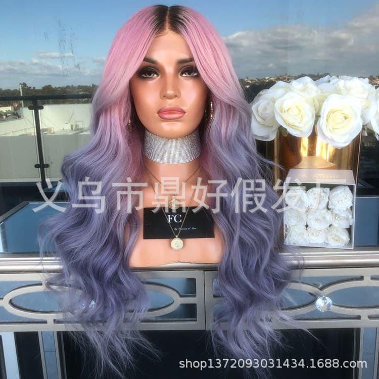 2019 new fashion women's wig, three-color gradient long curly hair, dyed middle-parted curly hair, cosplay ready stock