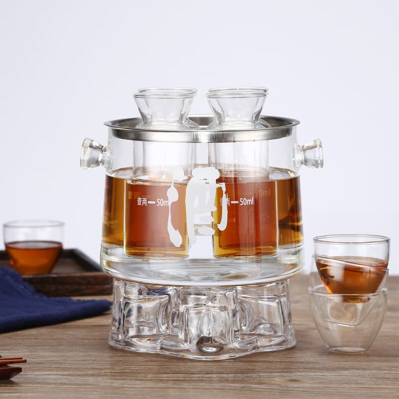 Mingshangde Glass Wine Decanter and Warmer Set, Chinese-style Home Barware for Huangjiu and Baijiu, Includes Wine Warmer and Glasses