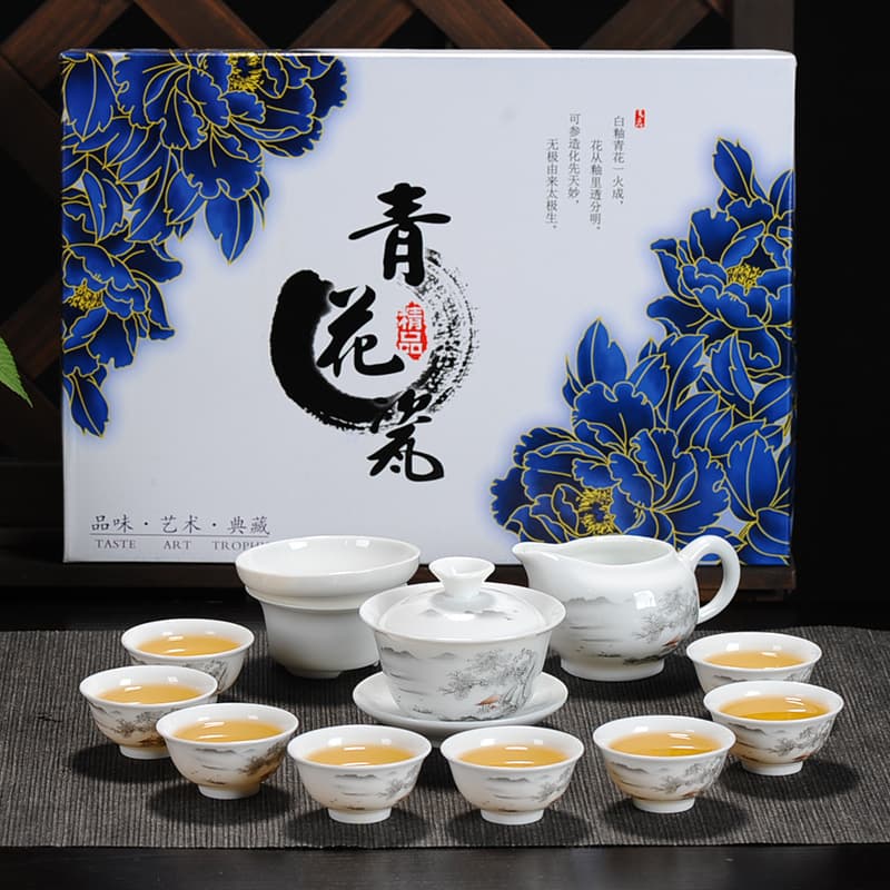 Factory direct Kung Fu tea set ceramic teacup white porcelain complete set blue and white teacup lid bowl tea set customizable with logo