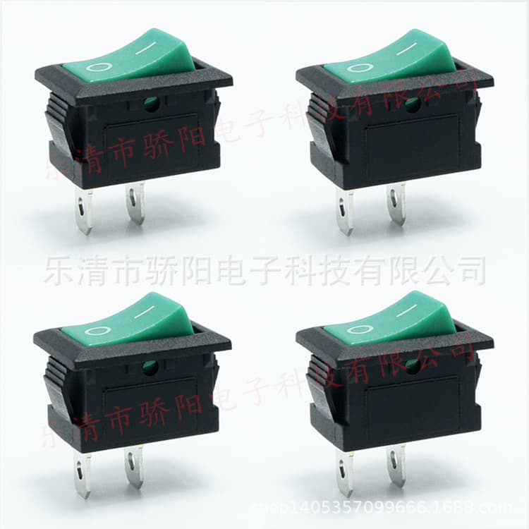 KCD1 rocker switch, two-pin, two-position, 15*21mm green cover, two-pin, two-position, copper-plated rocker-type power switch with copper pins.