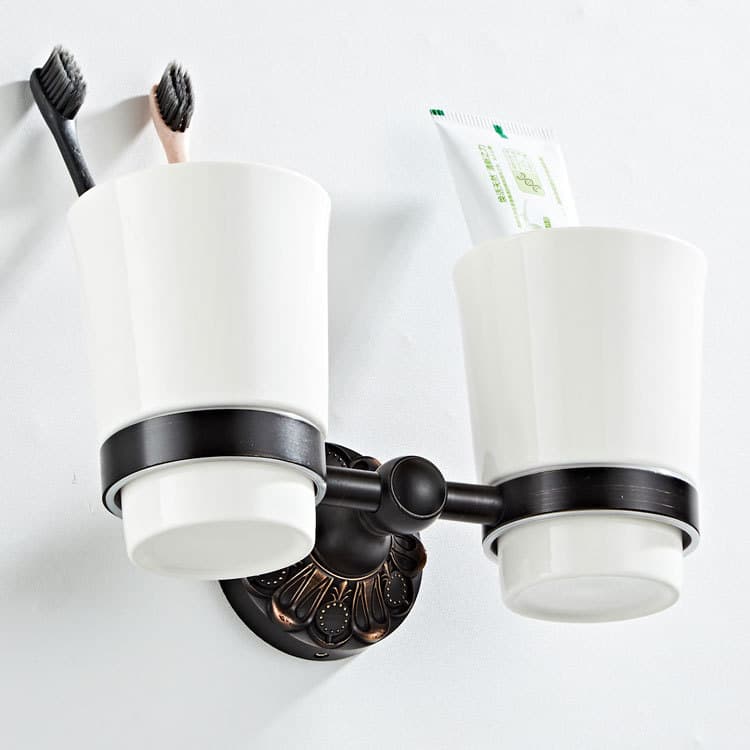 Bathroom Hardware Accessories Manufacturer, New European-style Floral Base Brass Double Cup Holder, Toothbrush Cup K6108