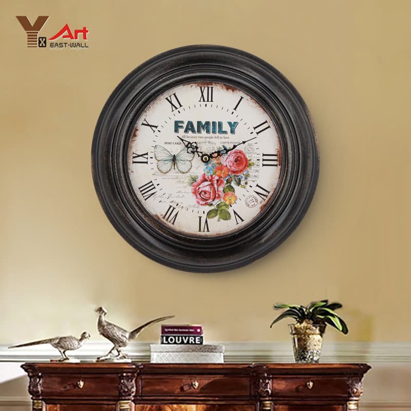 European Rustic Round Wall Clock for Living Room, Fashion Creative Simple Retro Decorative Digital Clock with Calendar, Silent